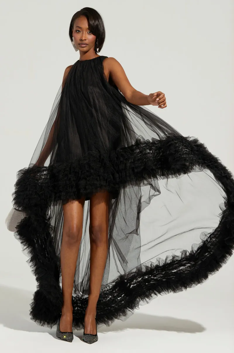 ARI TULLE RUFFLE HIGH LOW DRESS IN BLACK