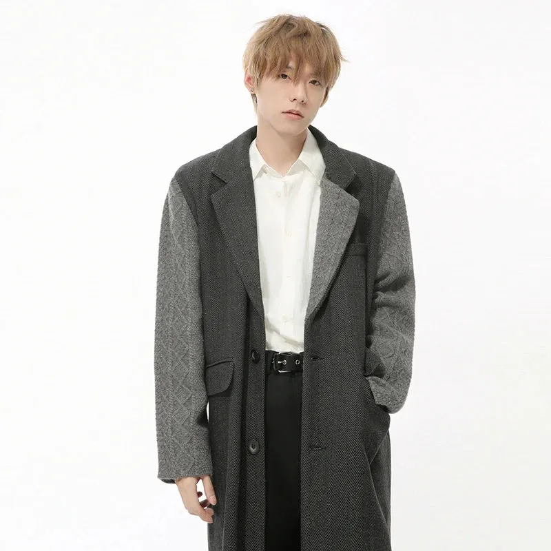 Autumn Men's Woolen Overcoats Knitting Patchwork Shoulder Padded Single Breasted Lapel Contrast Color Male Trench 9C8739