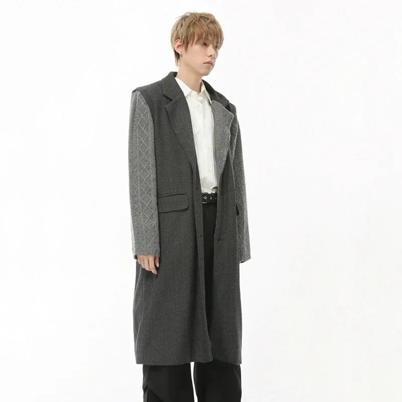 Autumn Men's Woolen Overcoats Knitting Patchwork Shoulder Padded Single Breasted Lapel Contrast Color Male Trench 9C8739