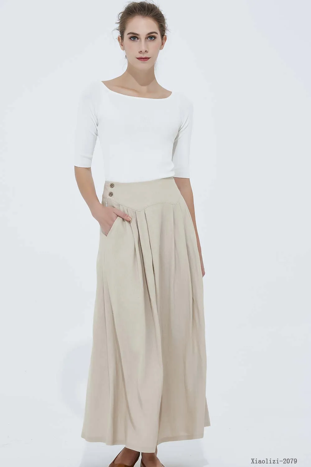 beige linen skirt, long womens skirt 2079#