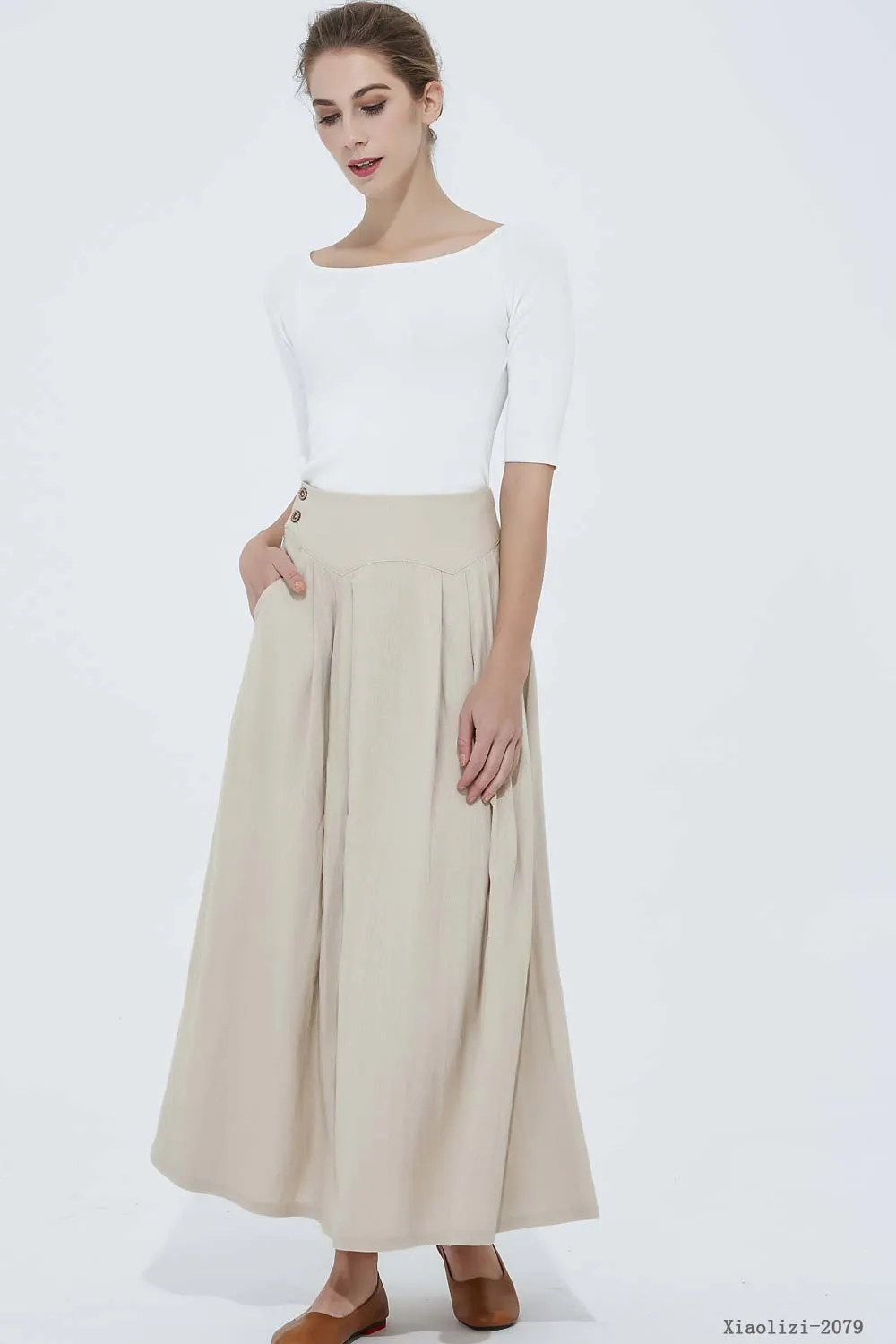 beige linen skirt, long womens skirt 2079#