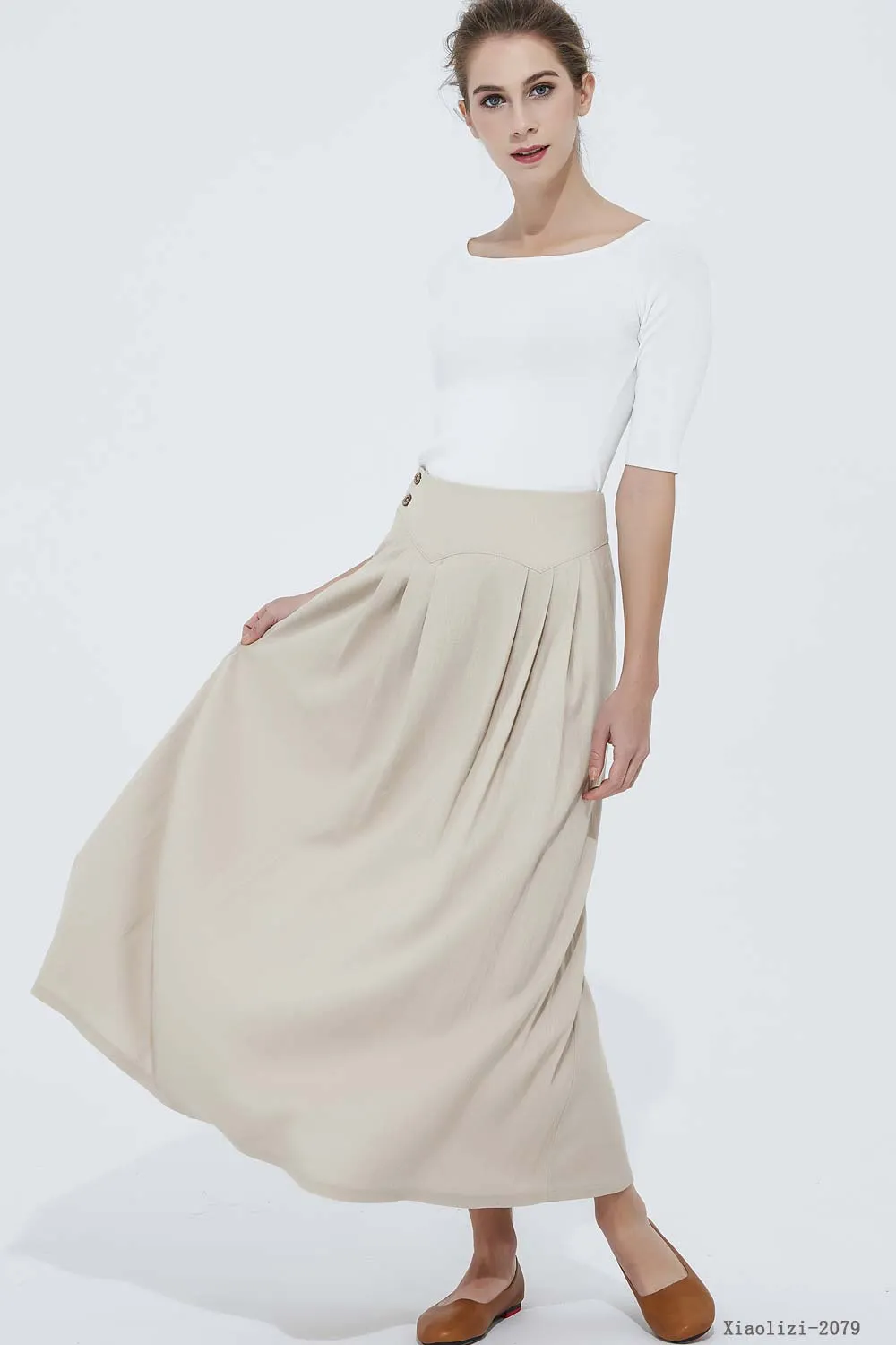 beige linen skirt, long womens skirt 2079#