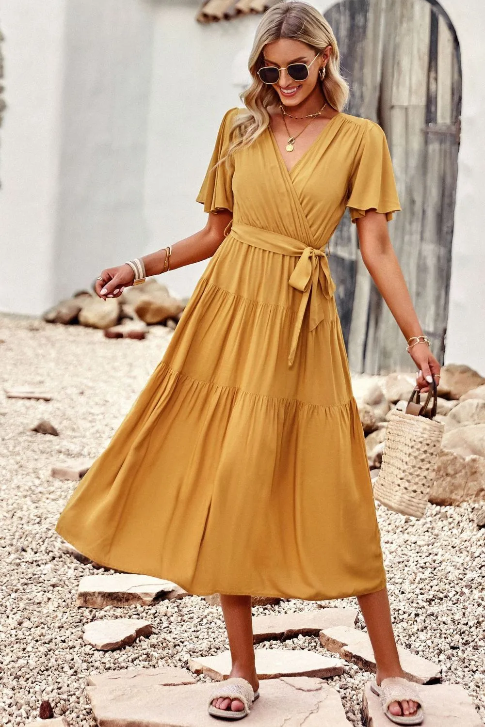 Belted Flutter Sleeve Tiered Surplice Dress