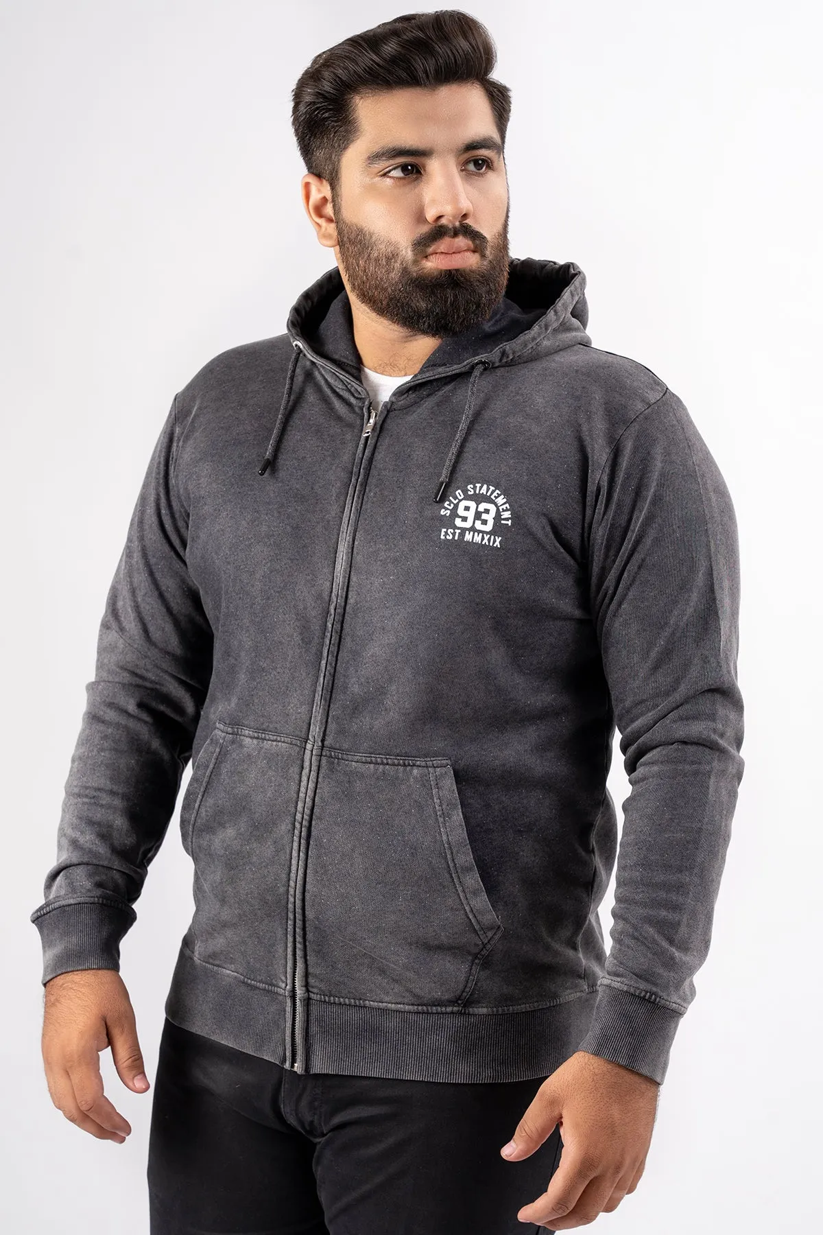 Black Acid Wash Zip Through Hoodie (Plus Size) - S24 - MH0082P