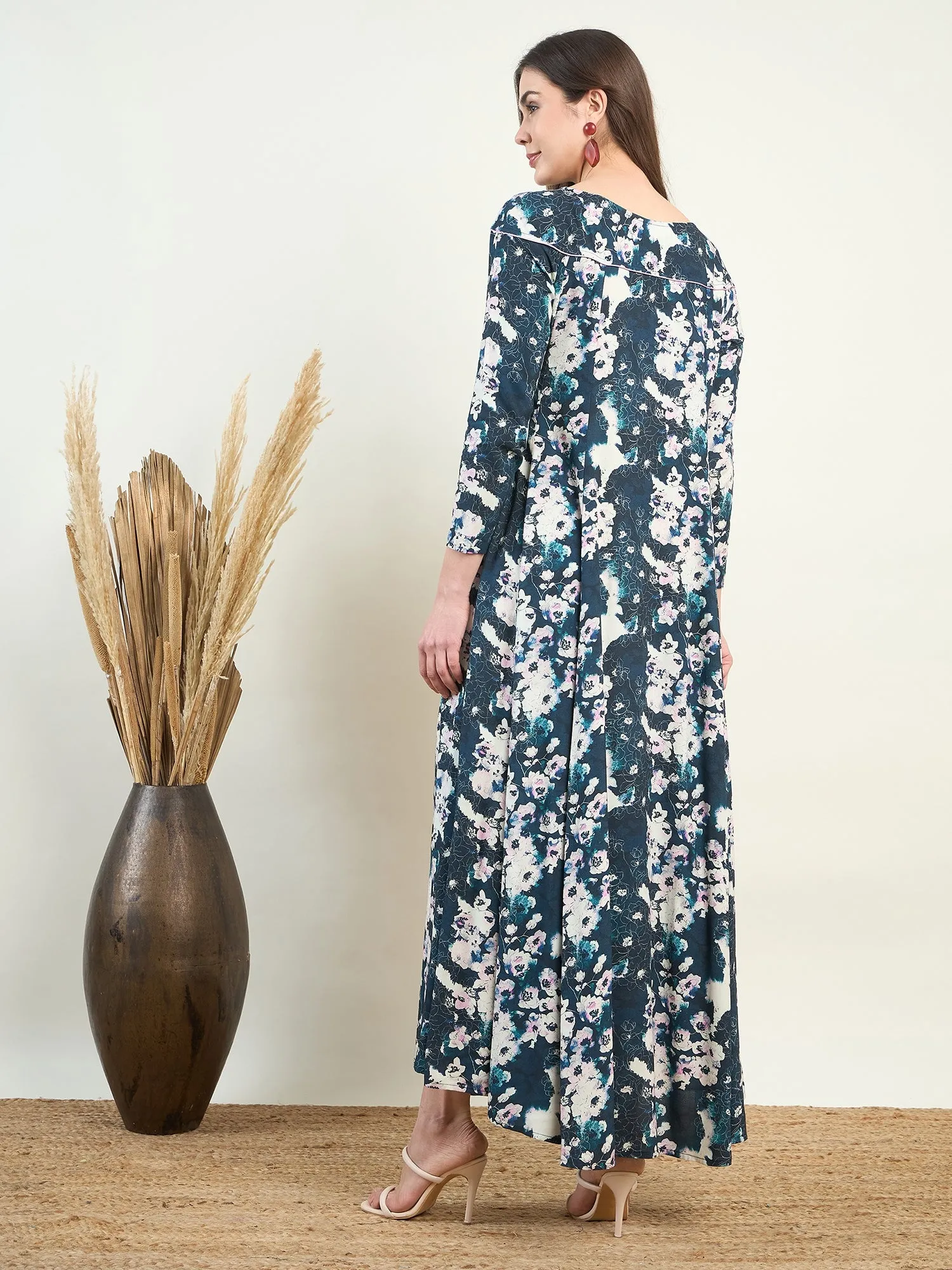 Blue Floral Flowy Gown Maxi Dress