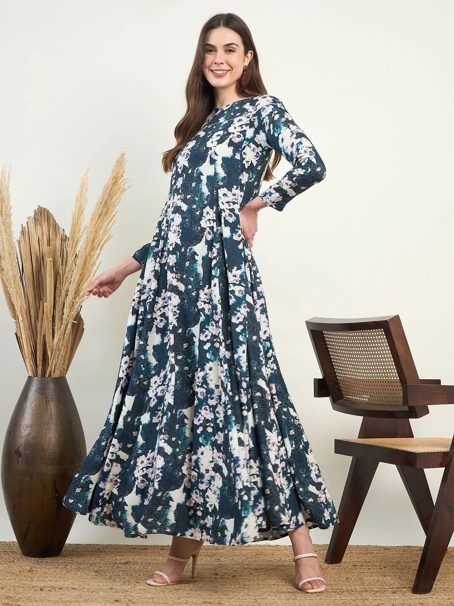 Blue Floral Flowy Gown Maxi Dress