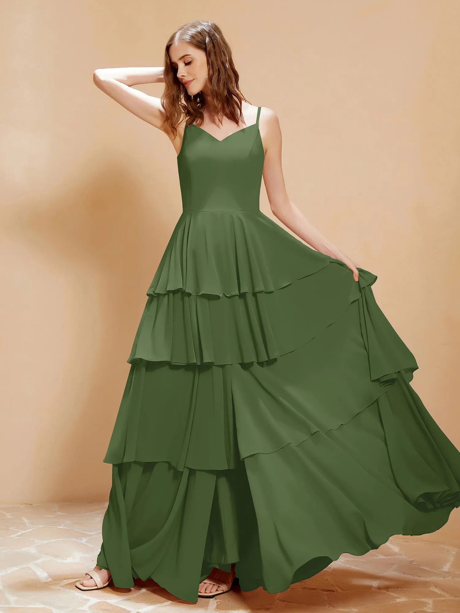 Boho V-neck Floor-length Dress Flowy Ruffles Moss