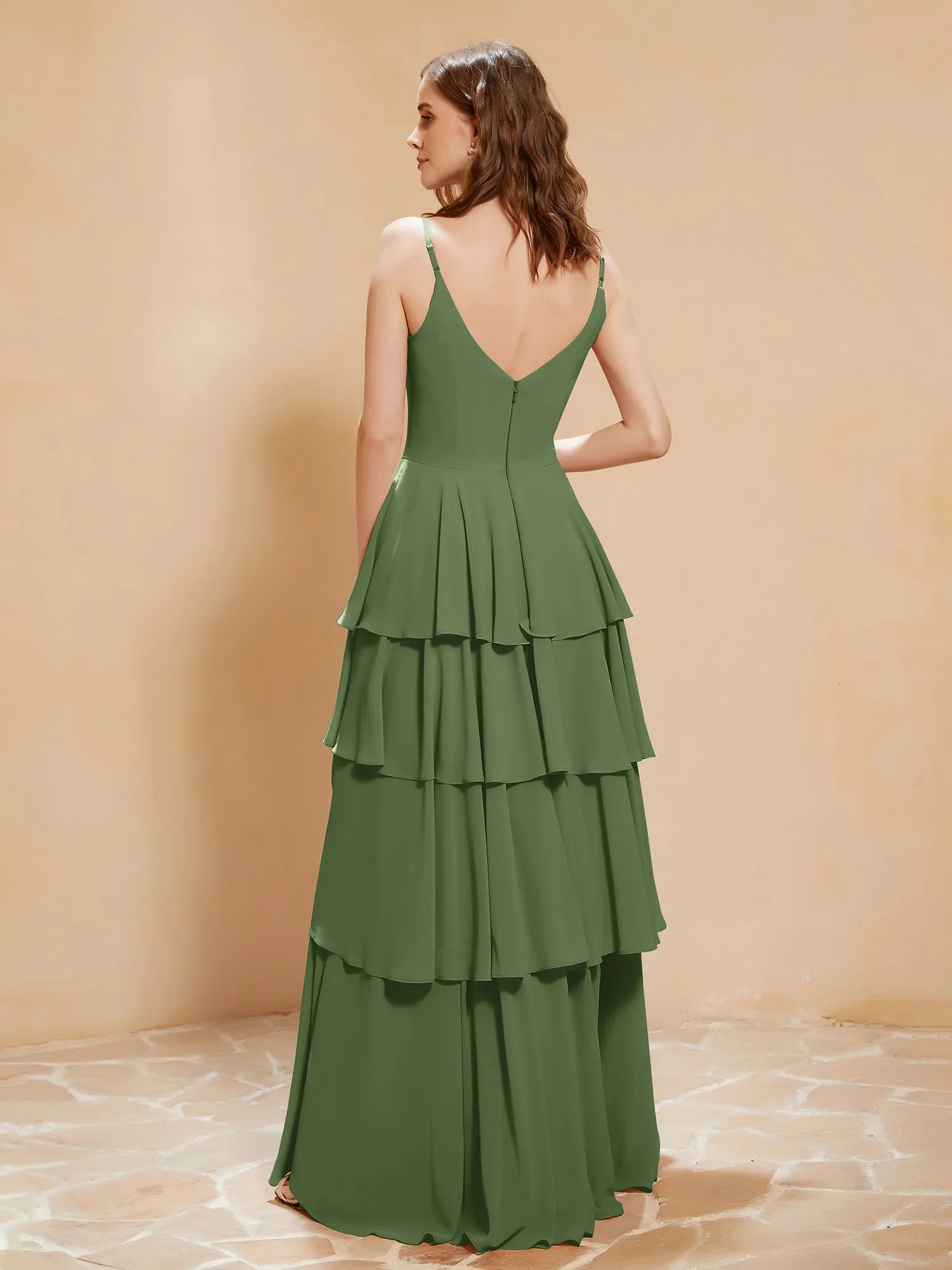 Boho V-neck Floor-length Dress Flowy Ruffles Moss