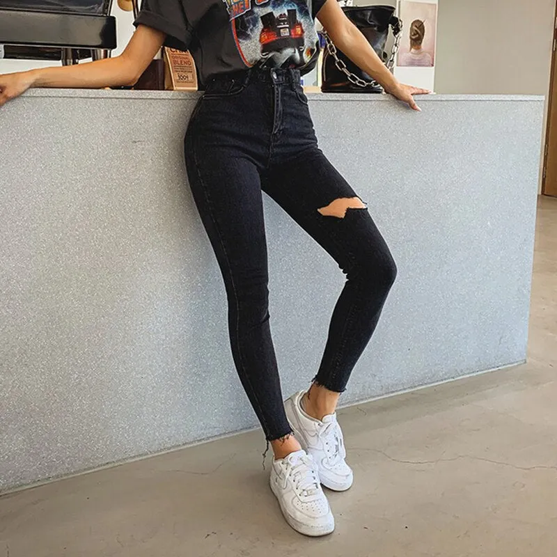 Christmas Gift Joskaa Stylish Black Skinny Jeans Women Streetwear High Waist Ripped Holes Pencil Jeans Stretchable Female Denim Jeans 2019