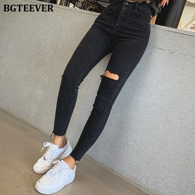 Christmas Gift Joskaa Stylish Black Skinny Jeans Women Streetwear High Waist Ripped Holes Pencil Jeans Stretchable Female Denim Jeans 2019