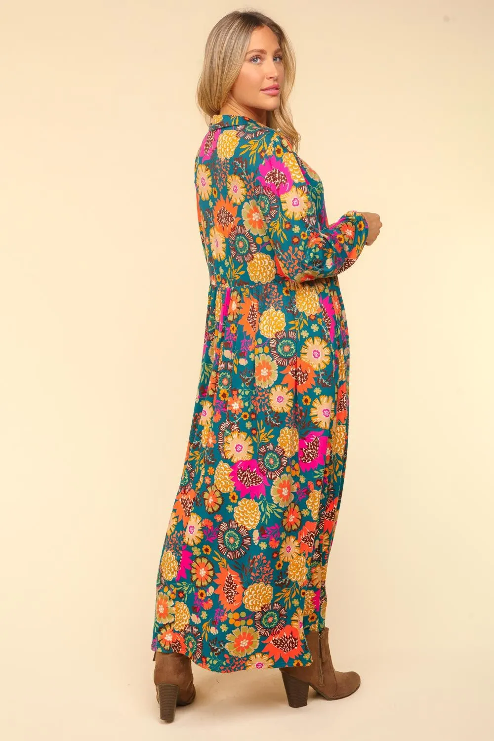 Collared Floral Maxi Dress - Teal