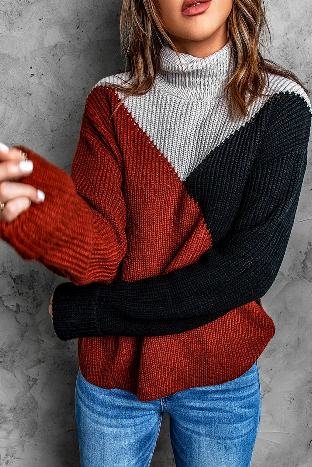 Color Block Drop Shoulder Turtleneck Sweater