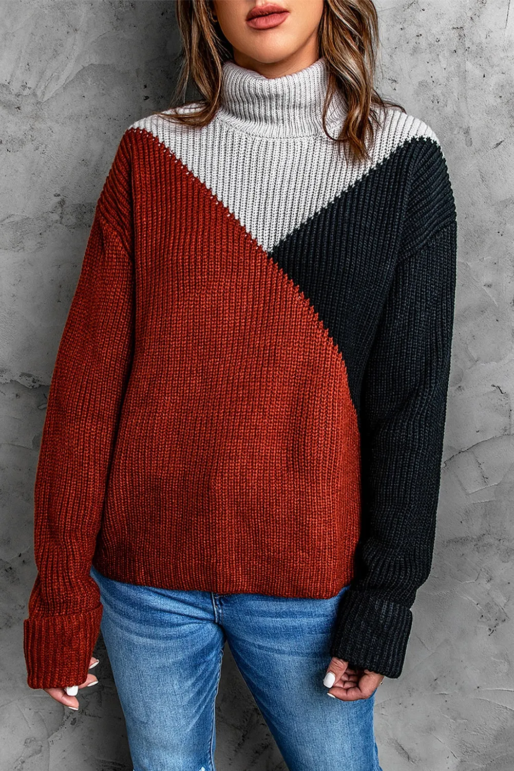 Color Block Drop Shoulder Turtleneck Sweater