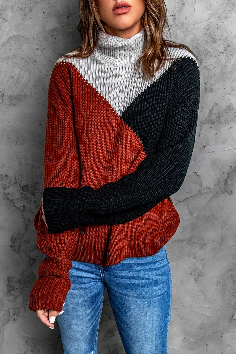 Color Block Drop Shoulder Turtleneck Sweater