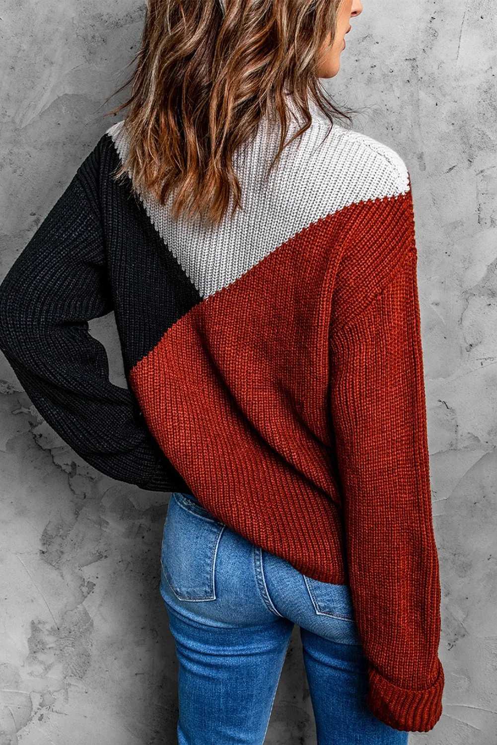 Color Block Drop Shoulder Turtleneck Sweater