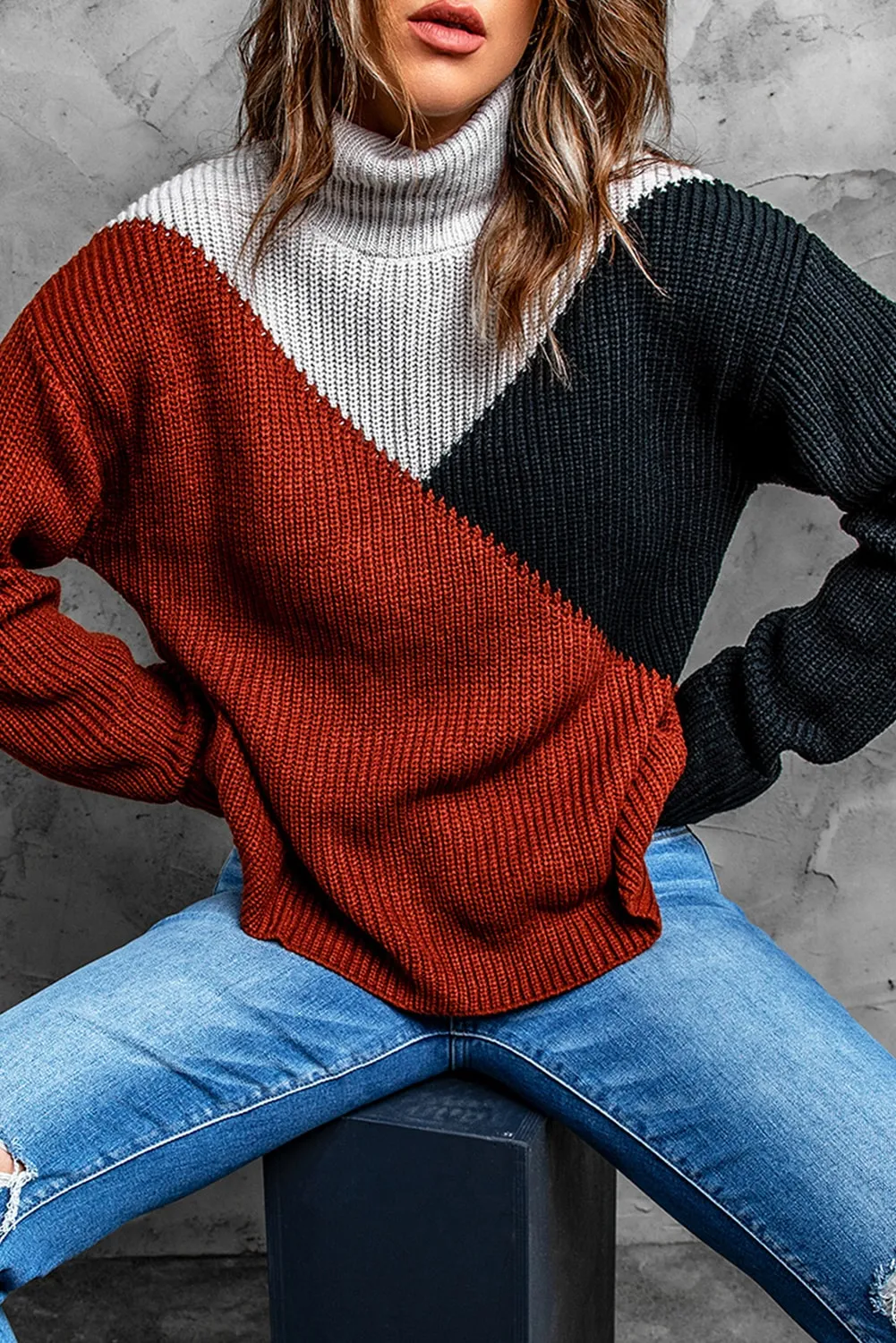 Color Block Drop Shoulder Turtleneck Sweater