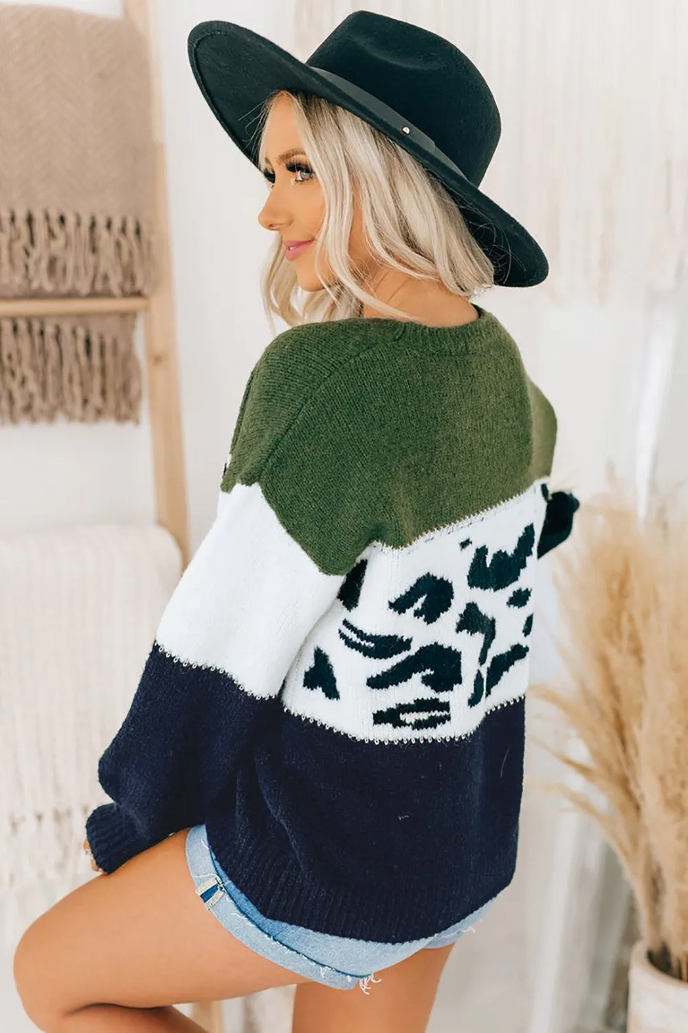 Color Block Leopard Splicing Sweater