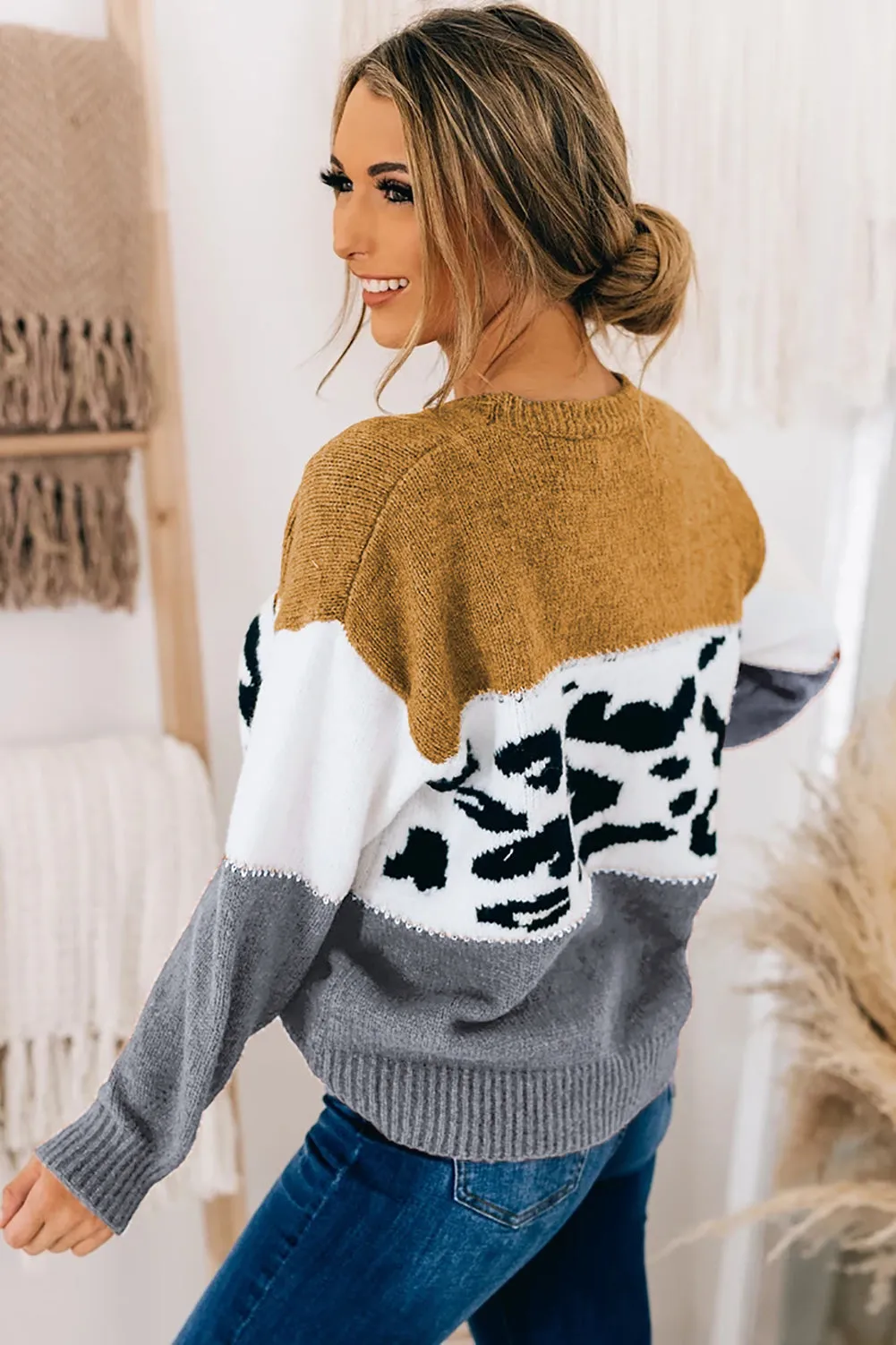 Color Block Leopard Splicing Sweater