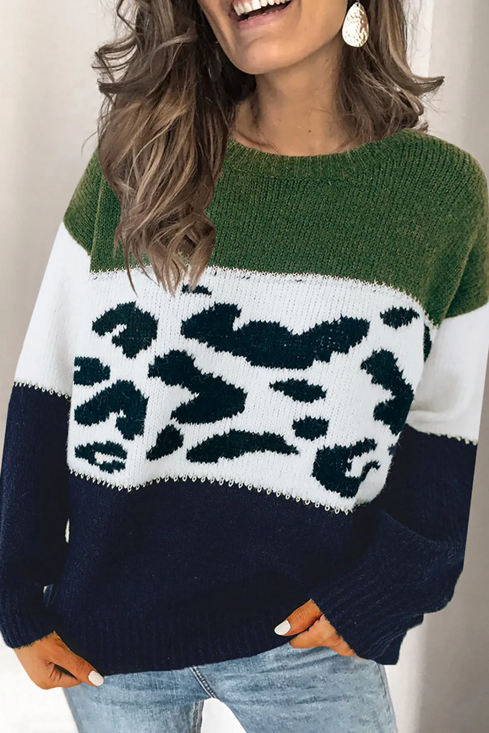 Color Block Leopard Splicing Sweater