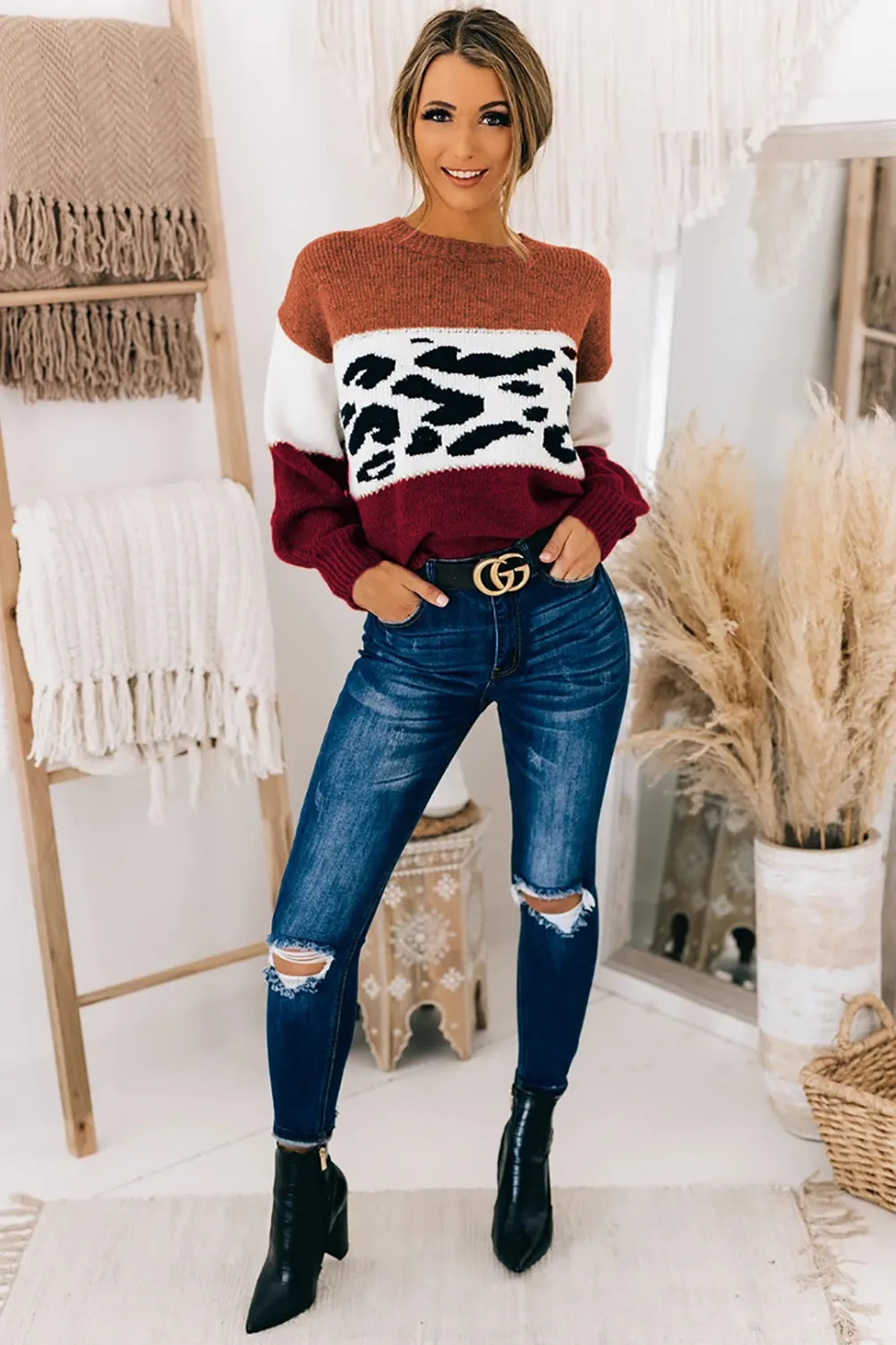 Color Block Leopard Splicing Sweater