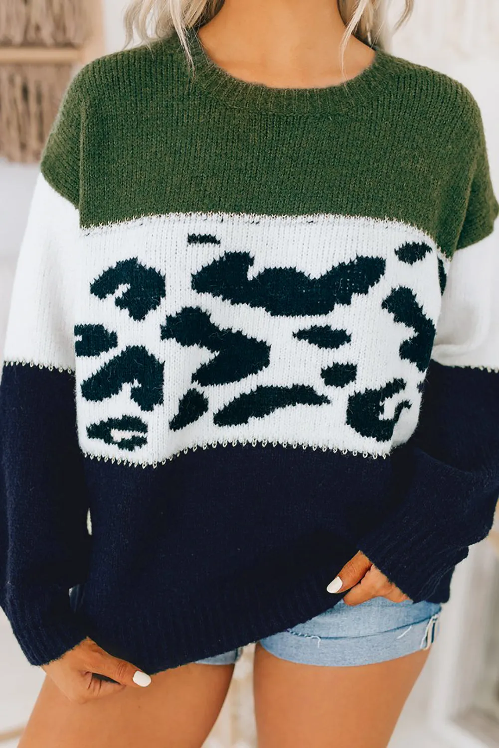 Color Block Leopard Splicing Sweater