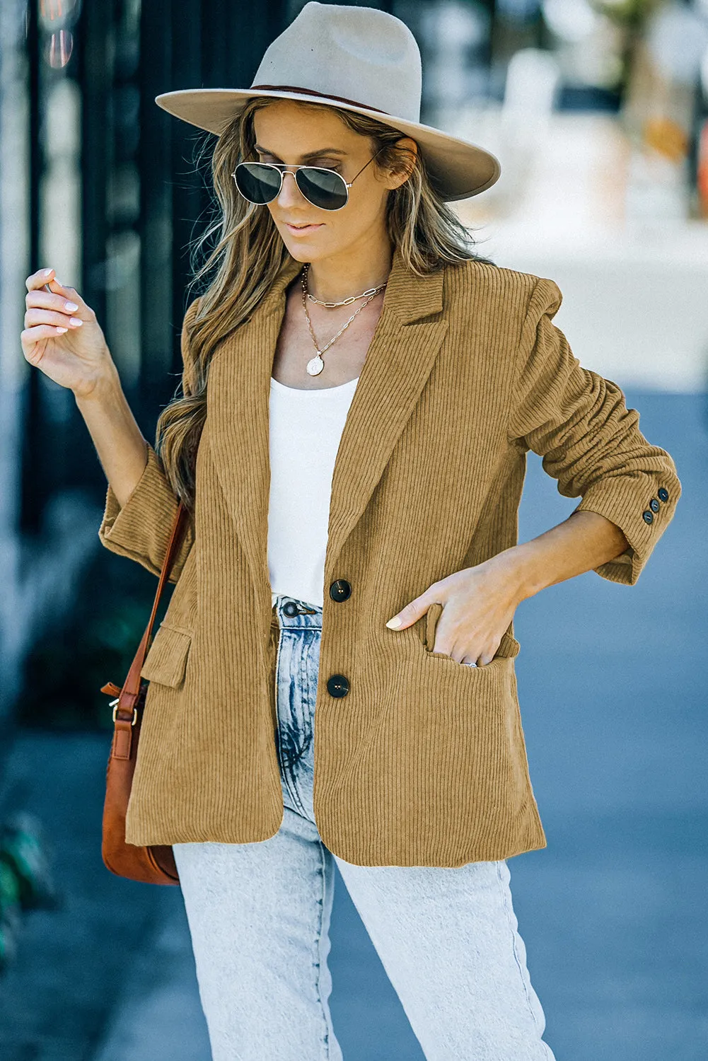 Corduroy Lapel Casual Blazer with Pockets