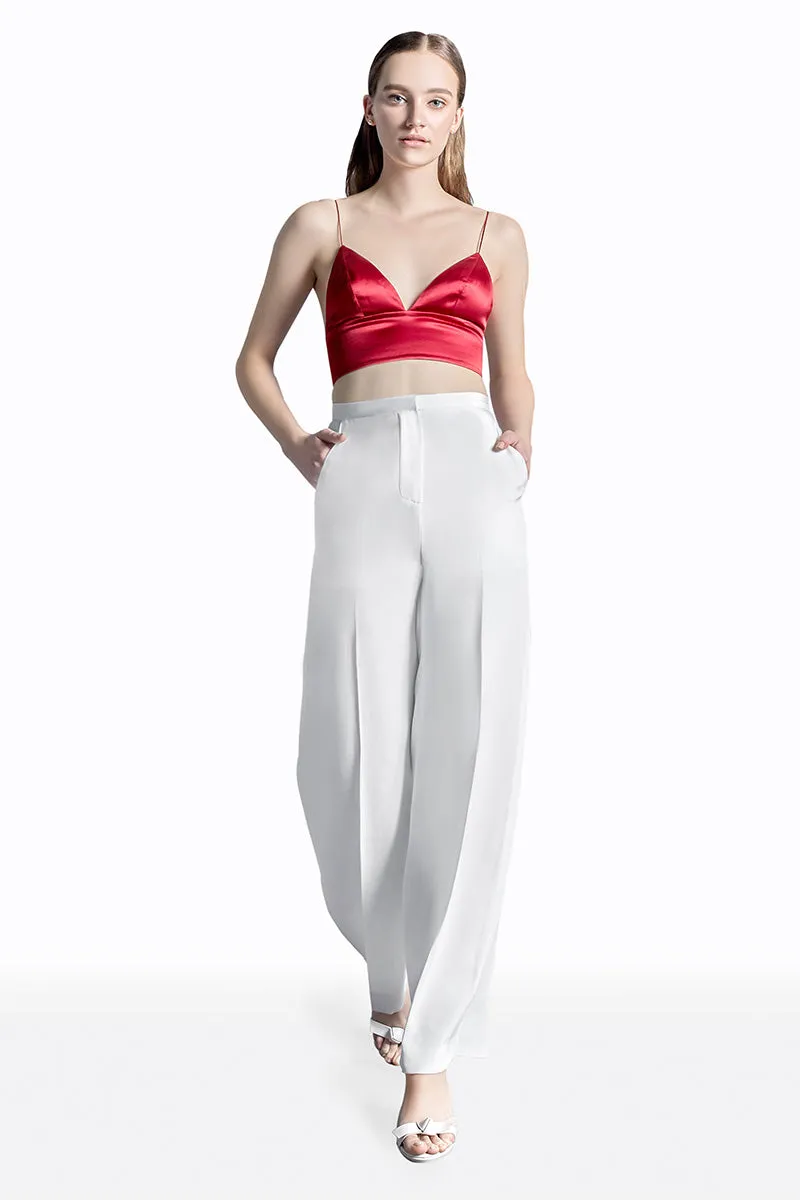 Crepe Silk High Waisted Long Pants in White