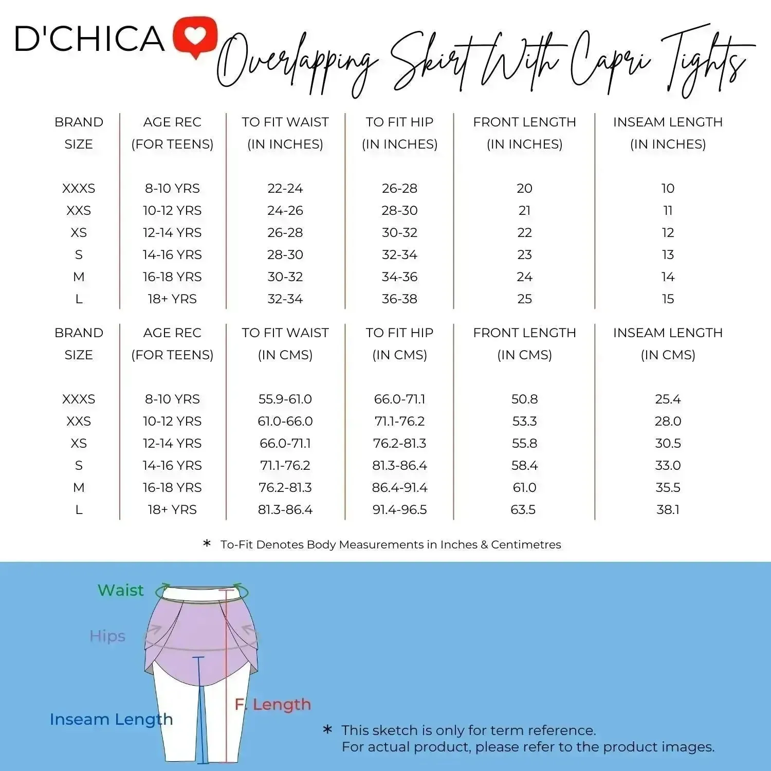 D’chica Active 3/4 Length Tights Leggings Stylish Skirt with Leggings Attached and 2 side pockets Perfect for Running, Yoga, Cycling