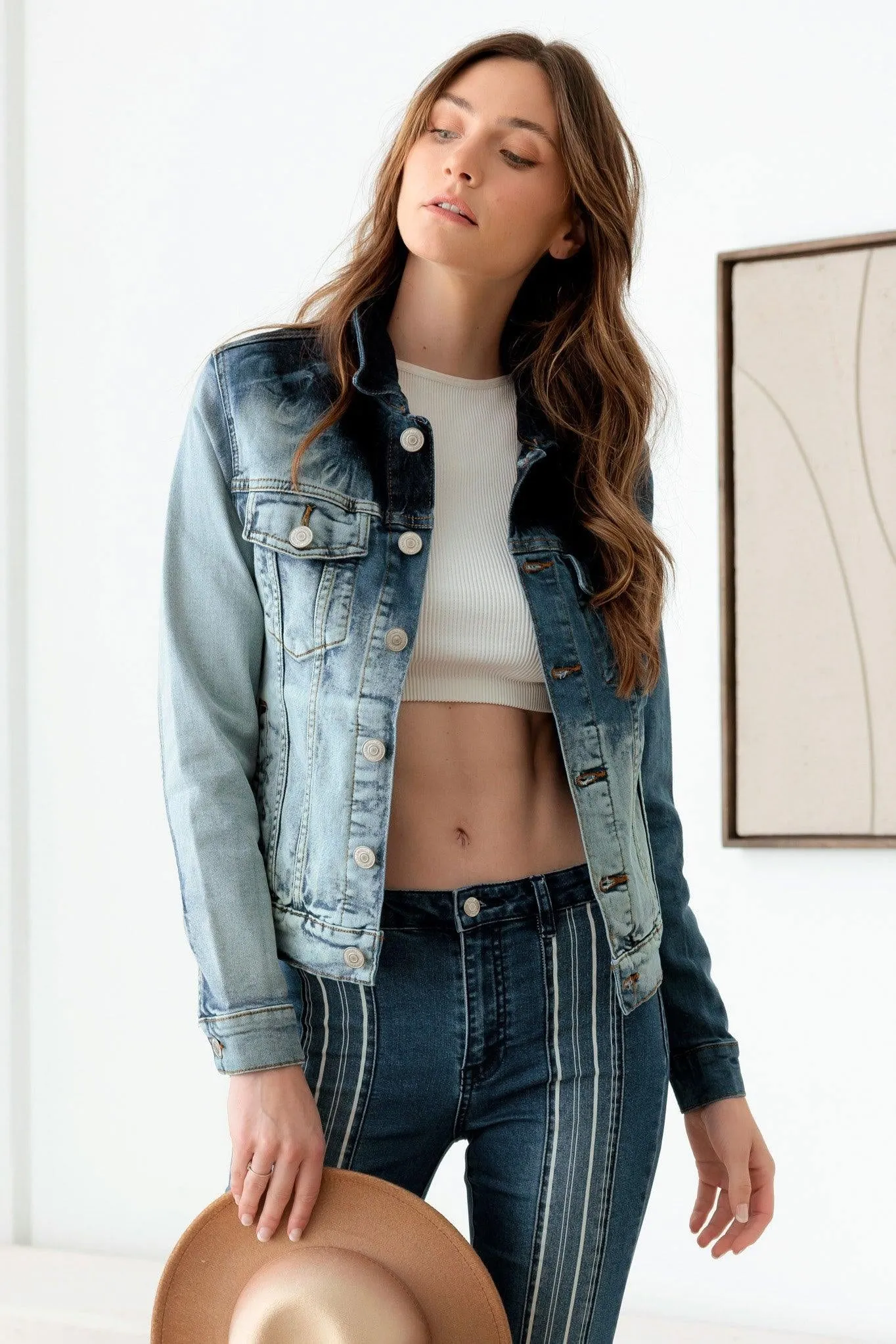 Faded Blue Front Pockets Silver Buttons Denim Jacket