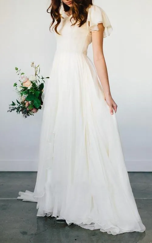 Flowy Beach Short Sleeves Beaded Ivory Belt Temple Chiffon Modest Wedding Dresses WK272