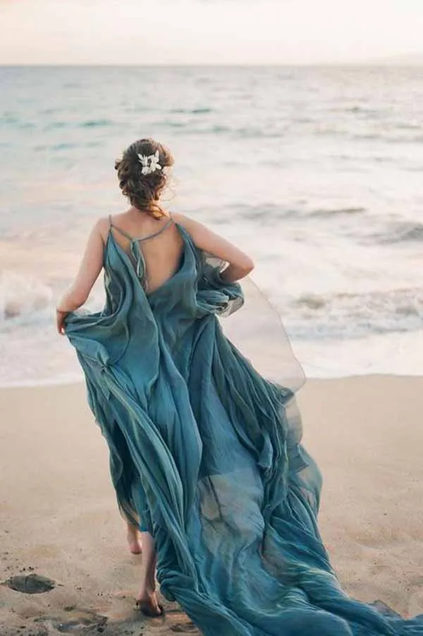 Flowy Chiffon A-line Rustic Beach Wedding Dresses With Train, Bridal Gown, SW578