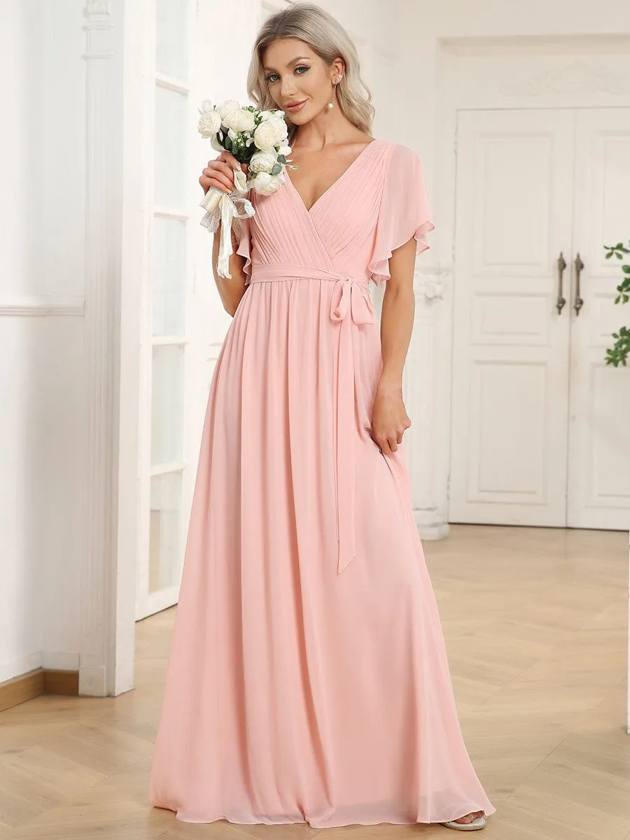 Flowy Pleated A-Line Chiffon Tie-Waist Bridesmaid Dress