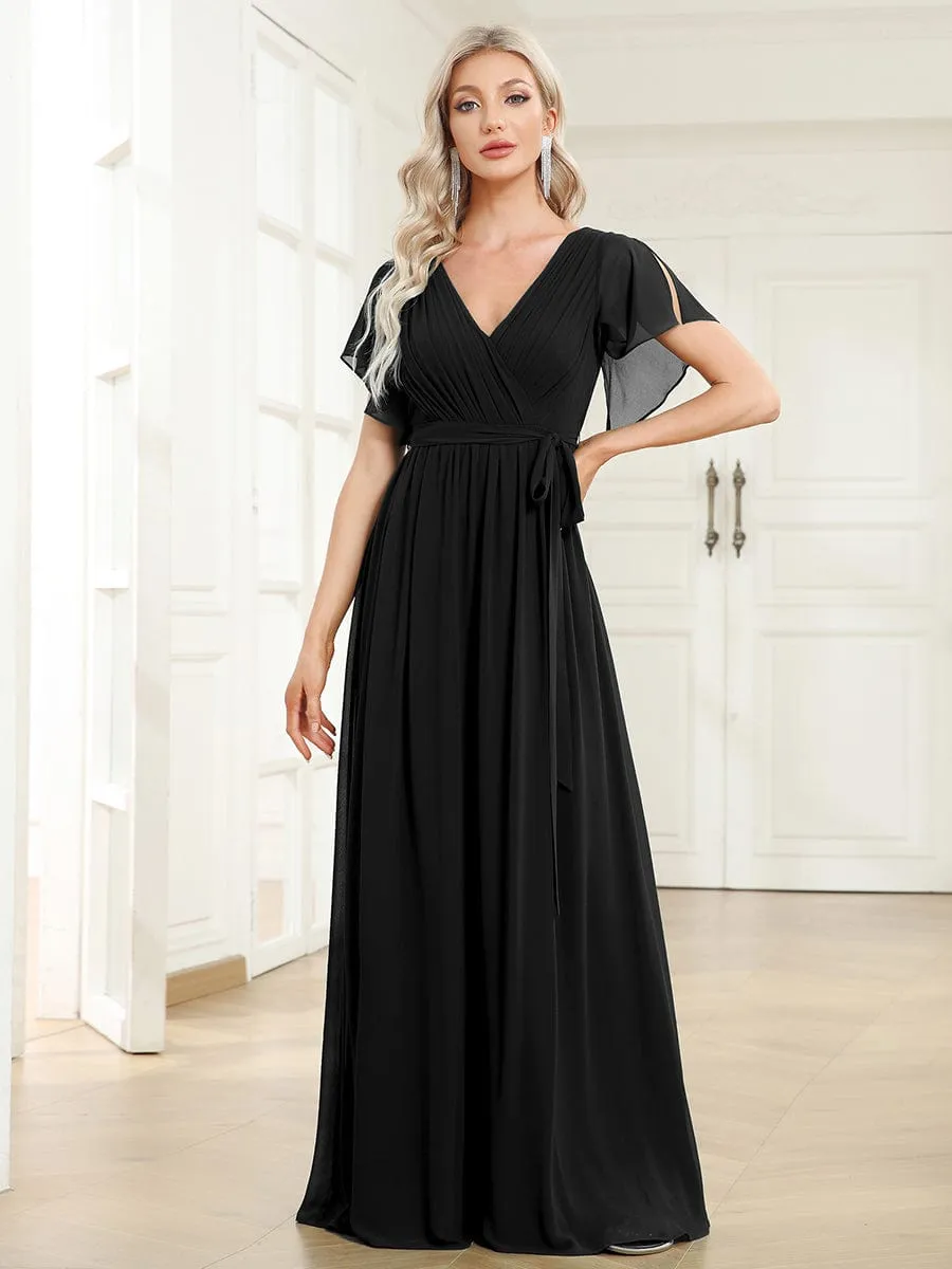 Flowy Pleated A-Line Chiffon Tie-Waist Bridesmaid Dress