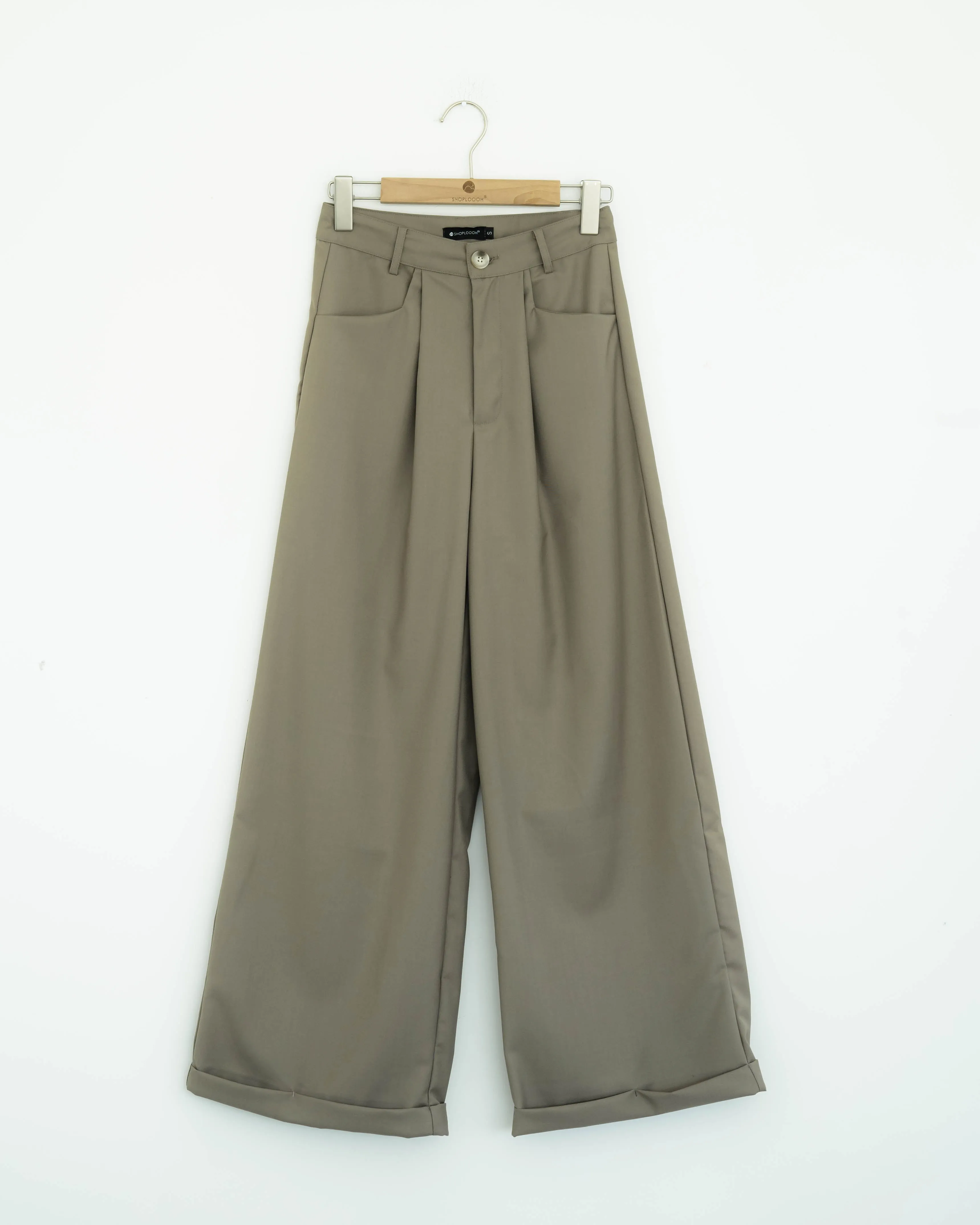 Folded Hem Straight Cut Trousers (Khaki)