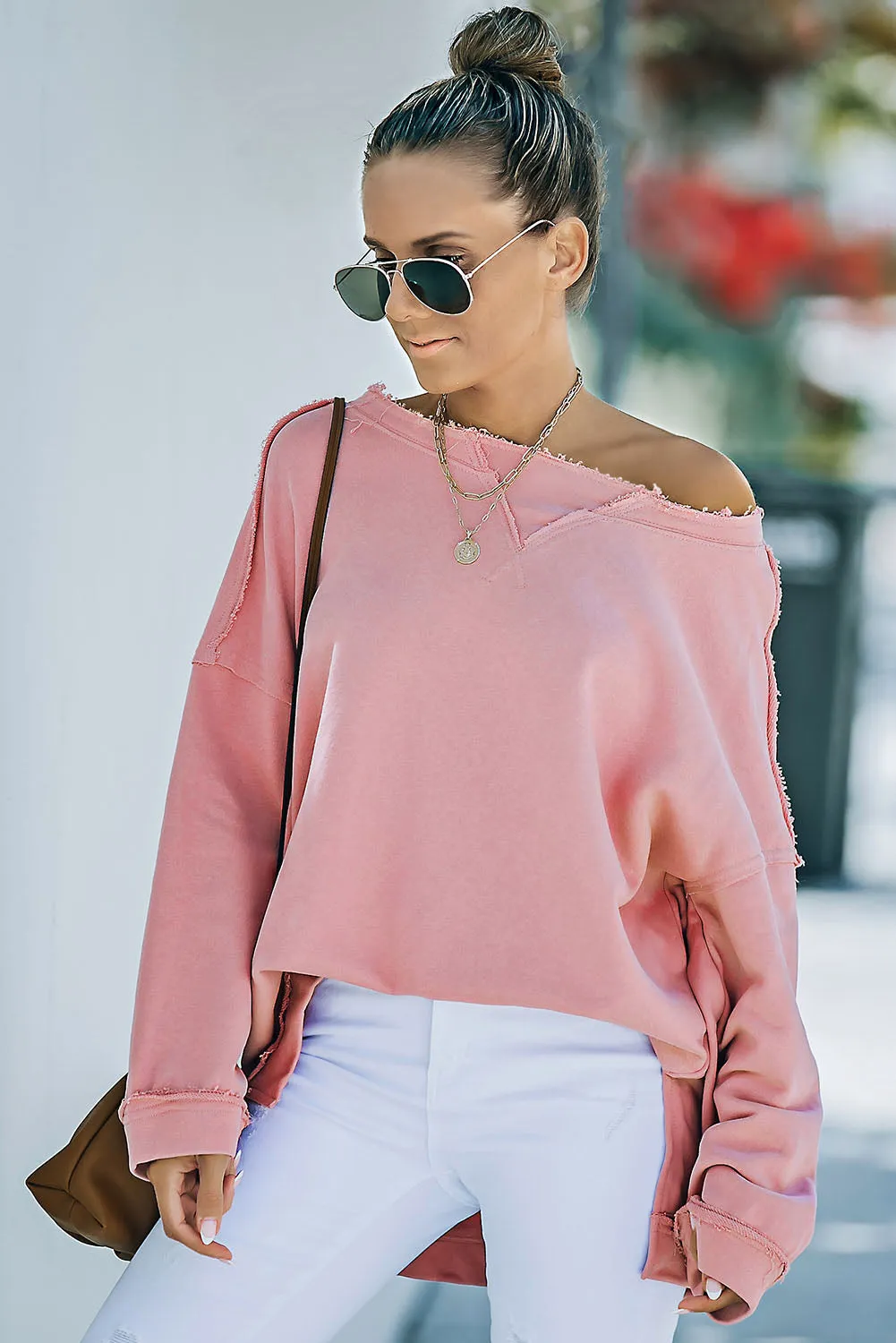 Frayed Trim Side Slit Loose Sweatshirt