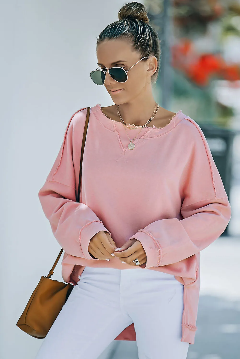 Frayed Trim Side Slit Loose Sweatshirt