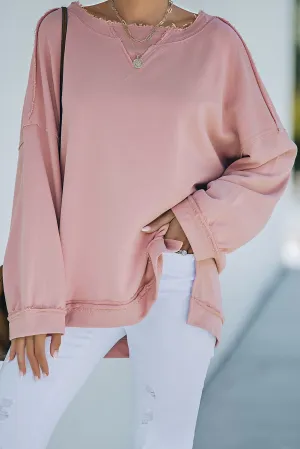 Frayed Trim Side Slit Loose Sweatshirt