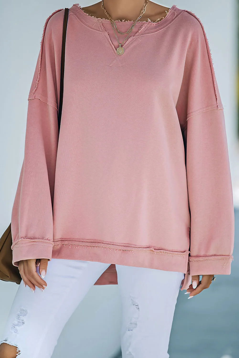 Frayed Trim Side Slit Loose Sweatshirt