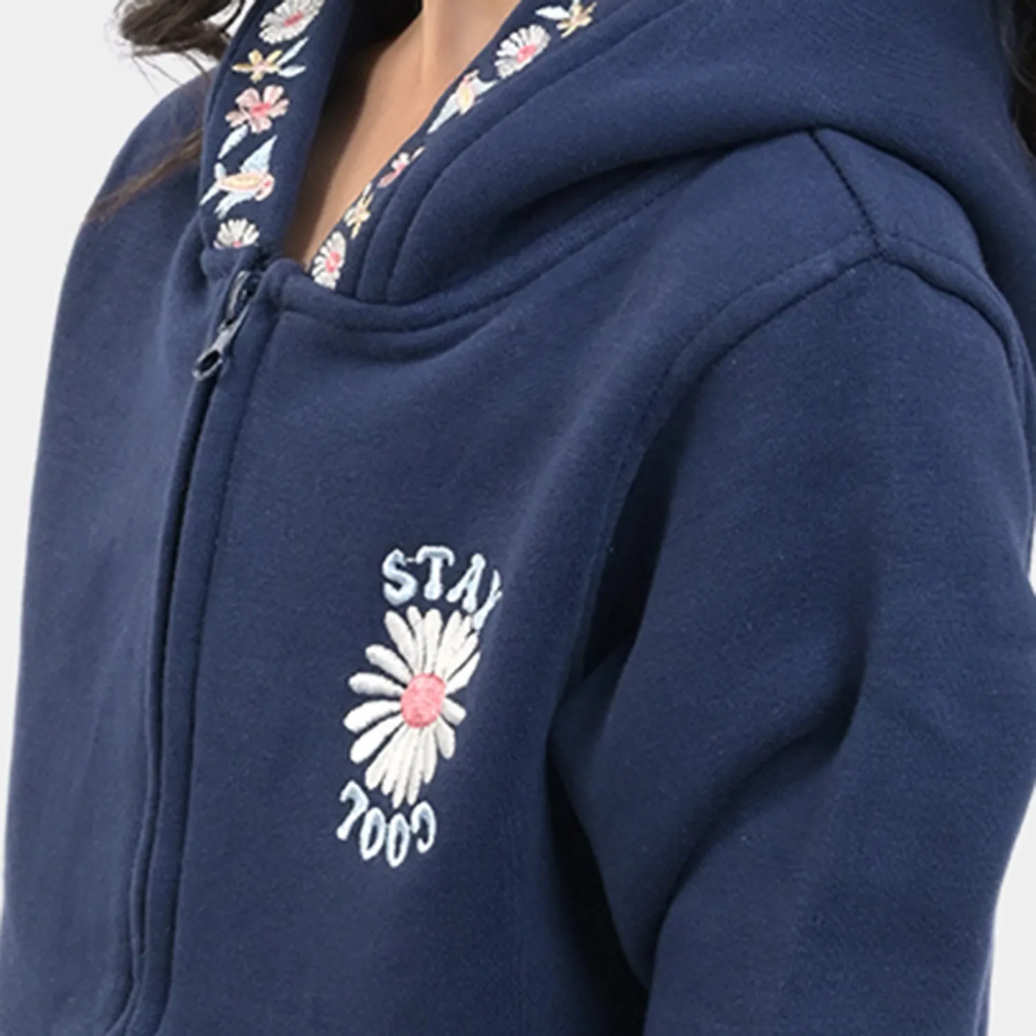 Girls Fleece Knitted Jacket Flower-NAVY