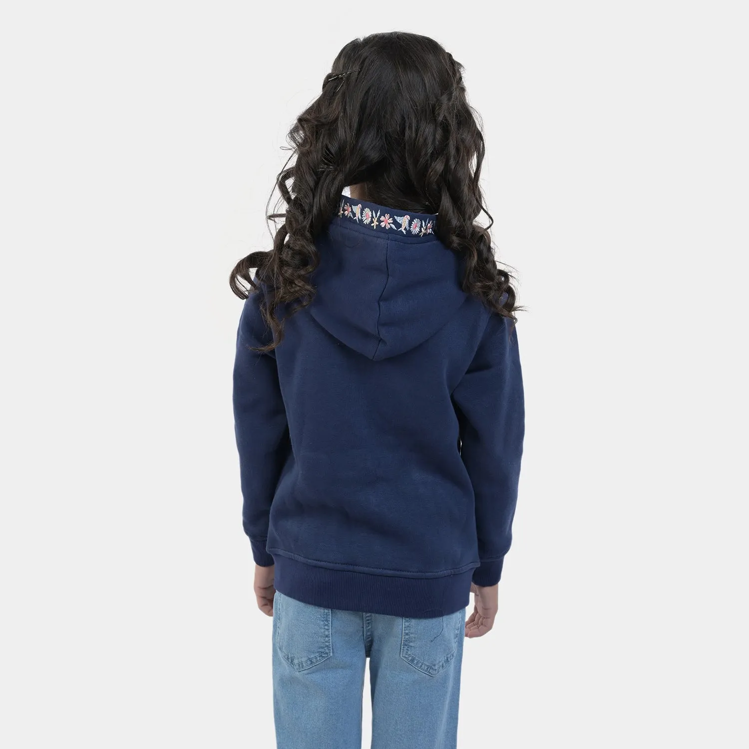 Girls Fleece Knitted Jacket Flower-NAVY