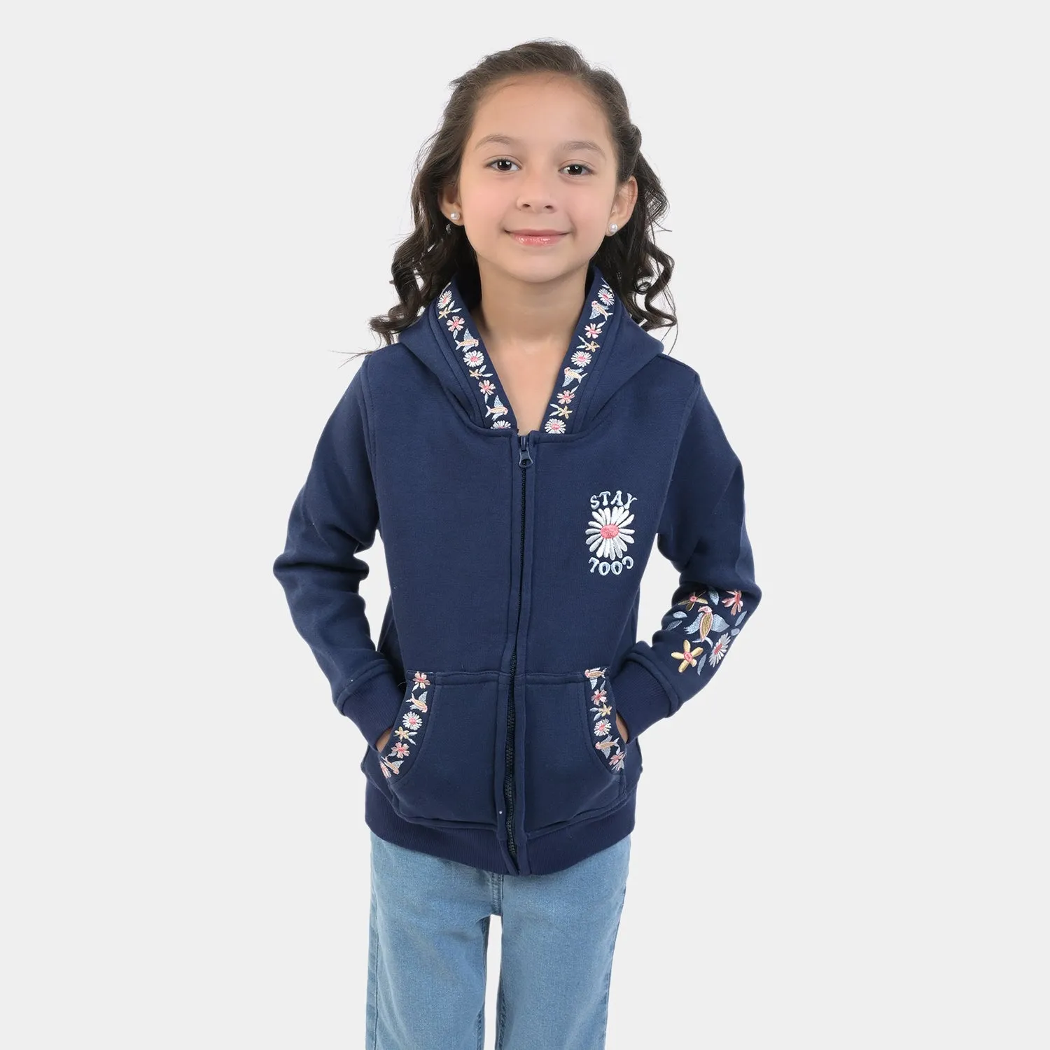 Girls Fleece Knitted Jacket Flower-NAVY