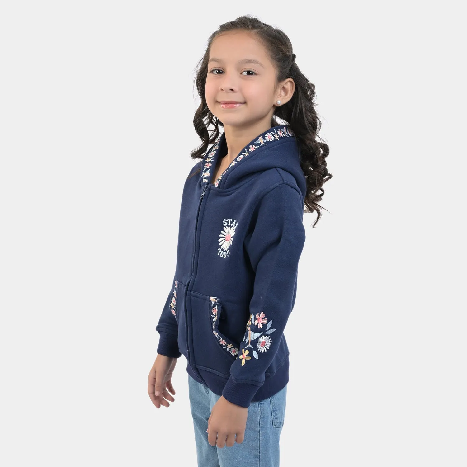 Girls Fleece Knitted Jacket Flower-NAVY