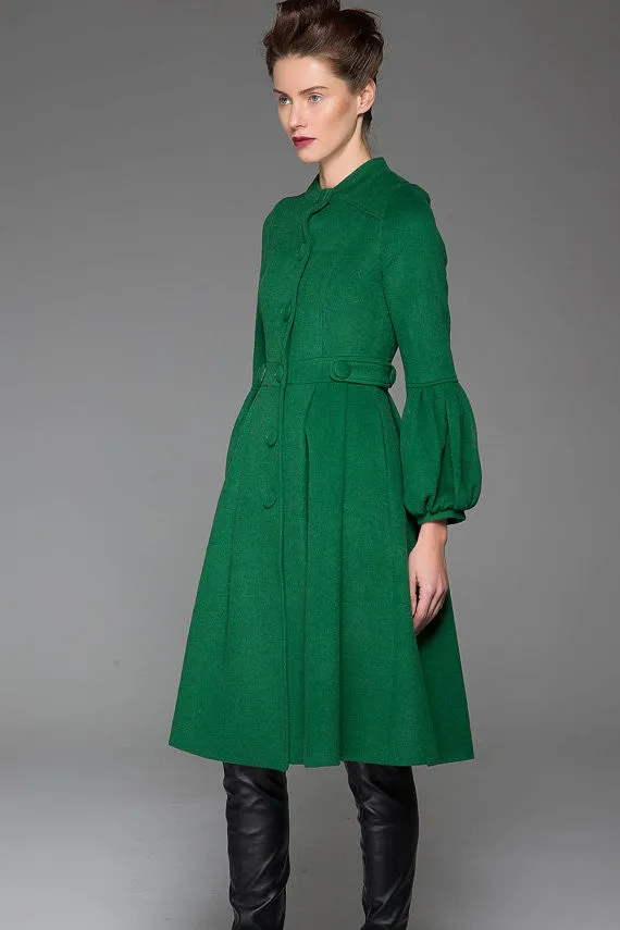 Green Wool Coat Warm Winter Coat With Single-Breasted at Sleeves and Adjustable Waist With String (1417)