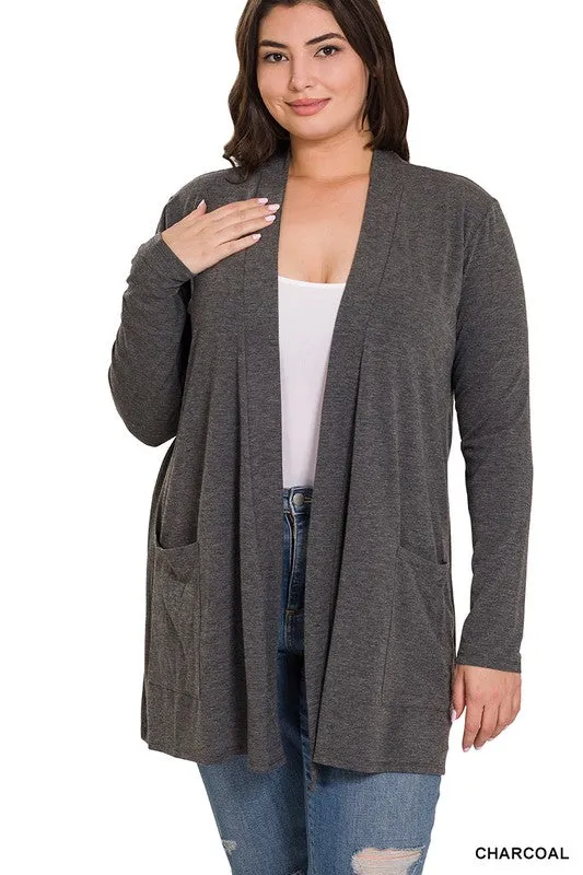 Hi Curvy Plus Size Women Slouchy Pocket Open Cardigan