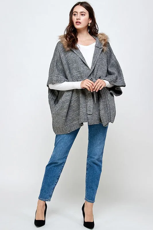 Hoodie Sweater Cardigan Poncho Fur Trim Top