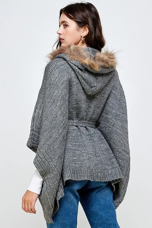 Hoodie Sweater Cardigan Poncho Fur Trim Top