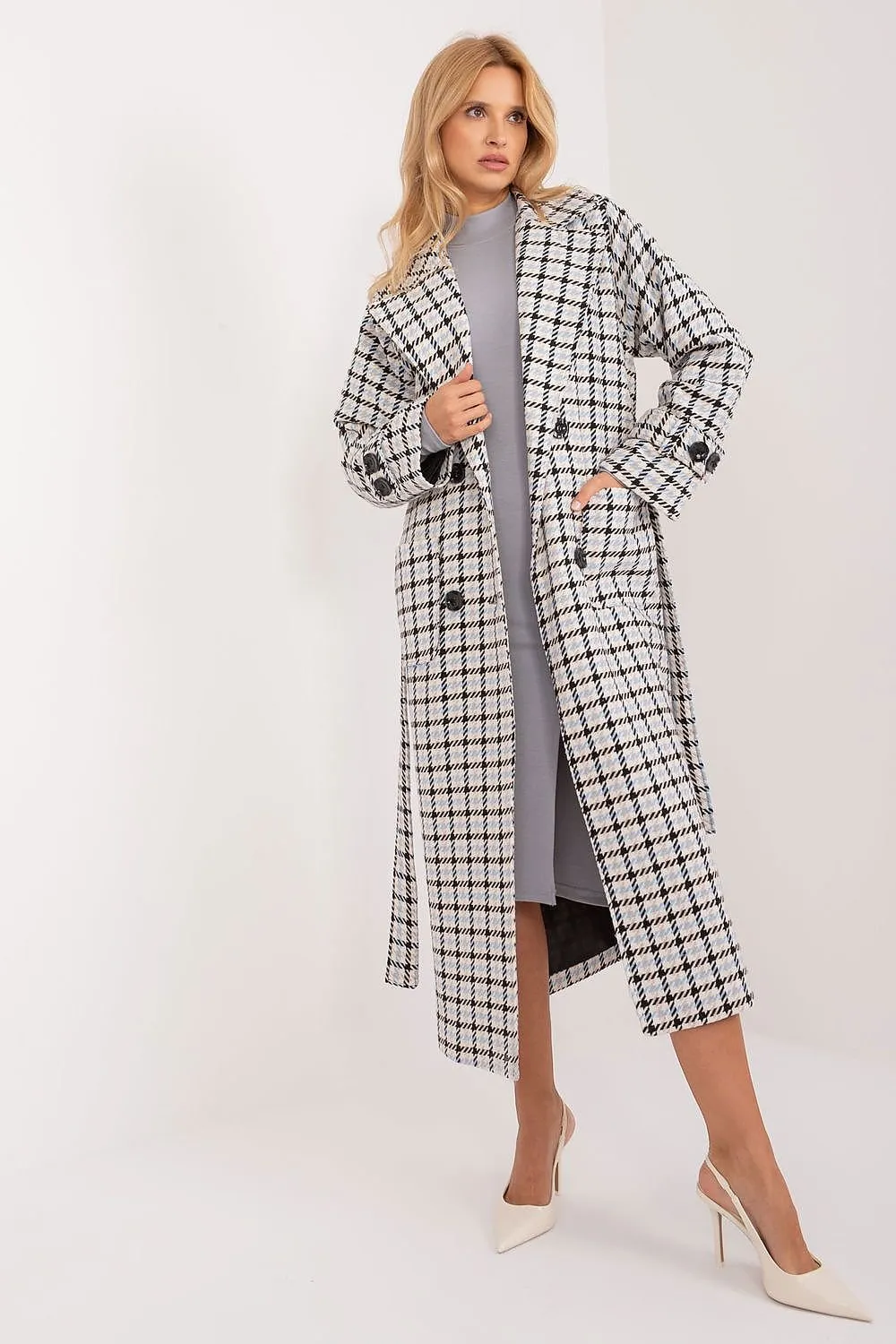 LAKERTA Classic Transitional Ankle-length Buttoned Coat with Checkers Pattern/ Designed and Crafted in Europe