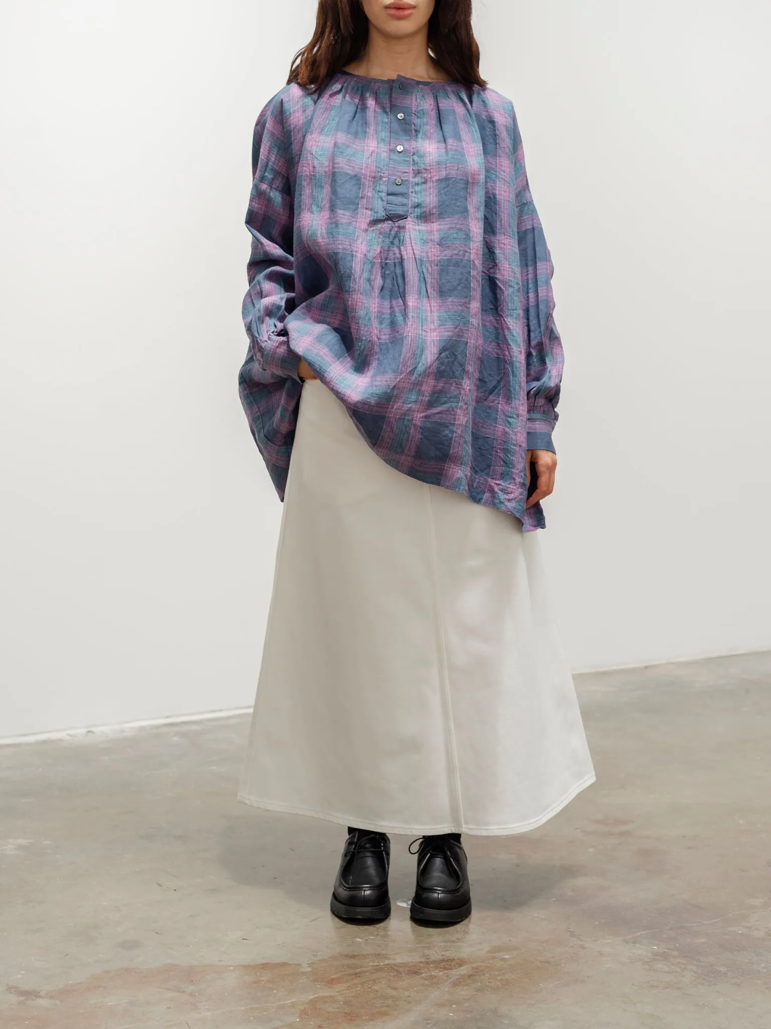 Linen Check Blouse - Navy