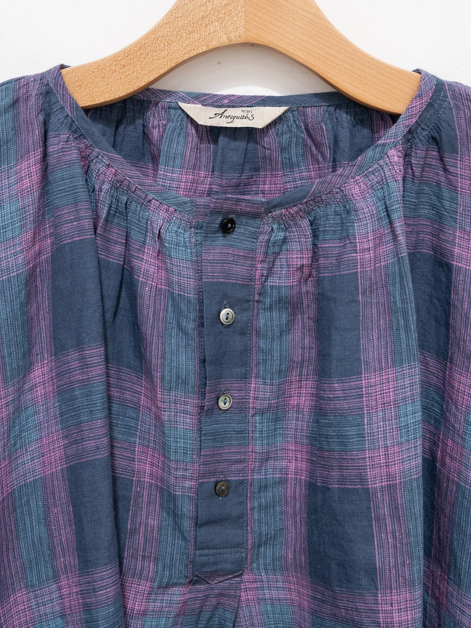 Linen Check Blouse - Navy