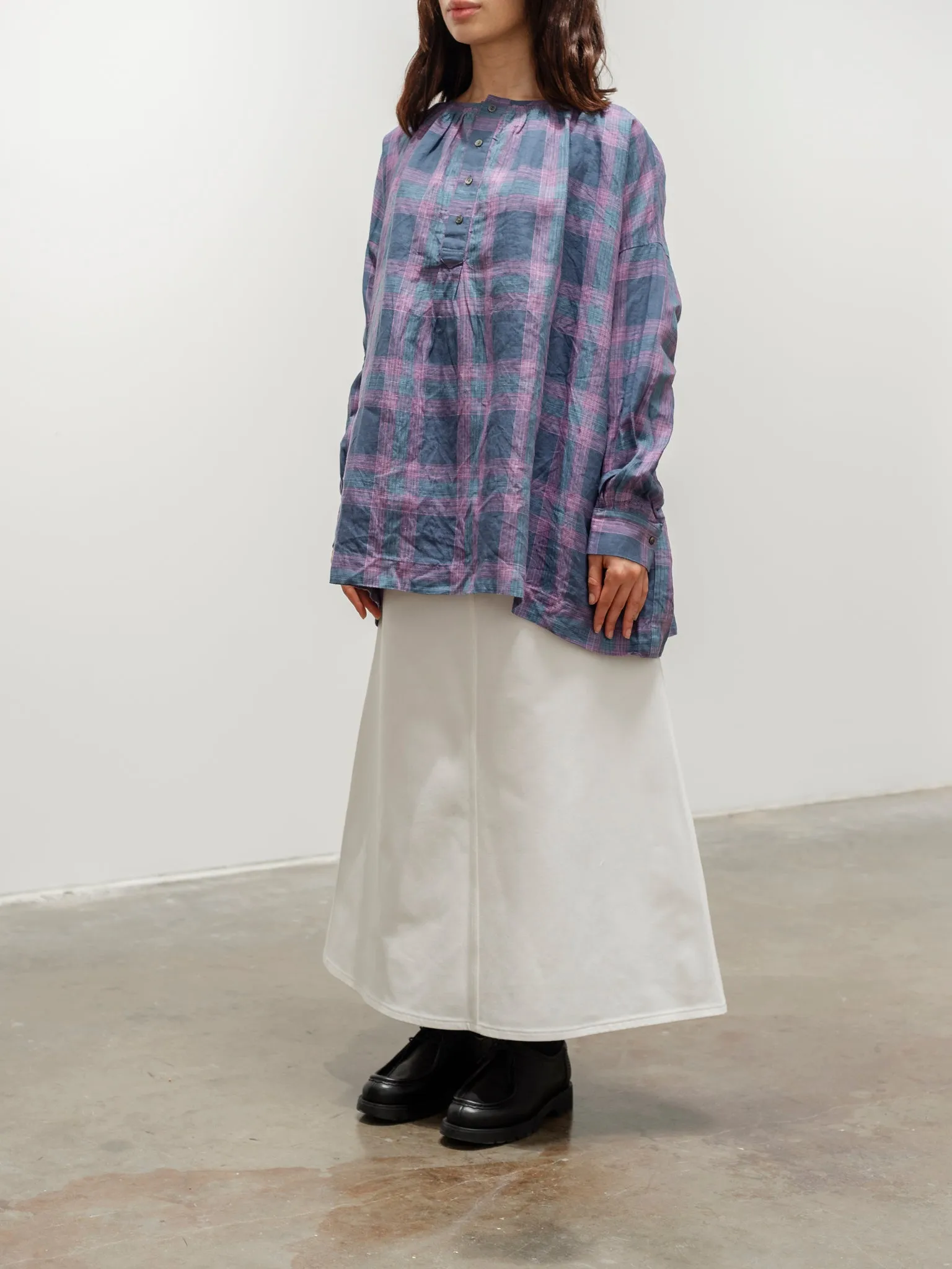 Linen Check Blouse - Navy